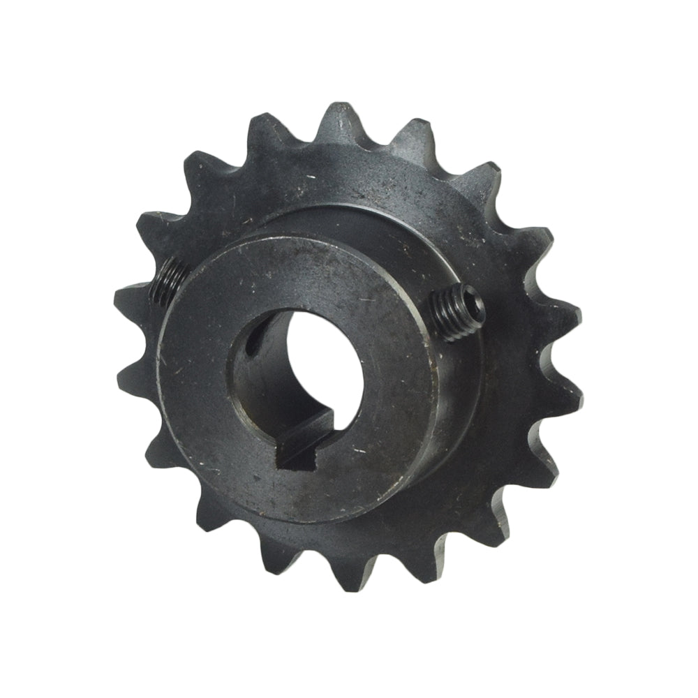 #35 Chain - 18 Tooth Jackshaft Sprocket with a 5/8 Bore for Go-Karts & Mini Bikes; a close-up of a black metal gear with a central hole, showcasing its teeth and bore.