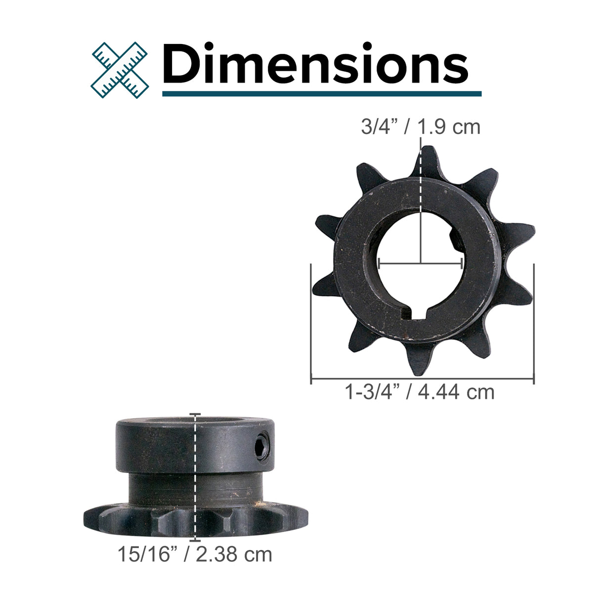 #40/41 Chain - 10 Tooth Jackshaft Sprocket Gear with a 3/4 Bore for Go-Karts & Mini Bikes, showing a close-up of the black metal gear with a cut-out center and set screws.