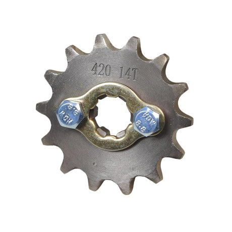 Close-up of the #420 Chain - 14 Tooth Front Sprocket for 50cc, 70cc, 90c, 110cc, & 125cc Pit Dirt Bikes & ATVs, showcasing its metal gears and circular design with precision-cut teeth.