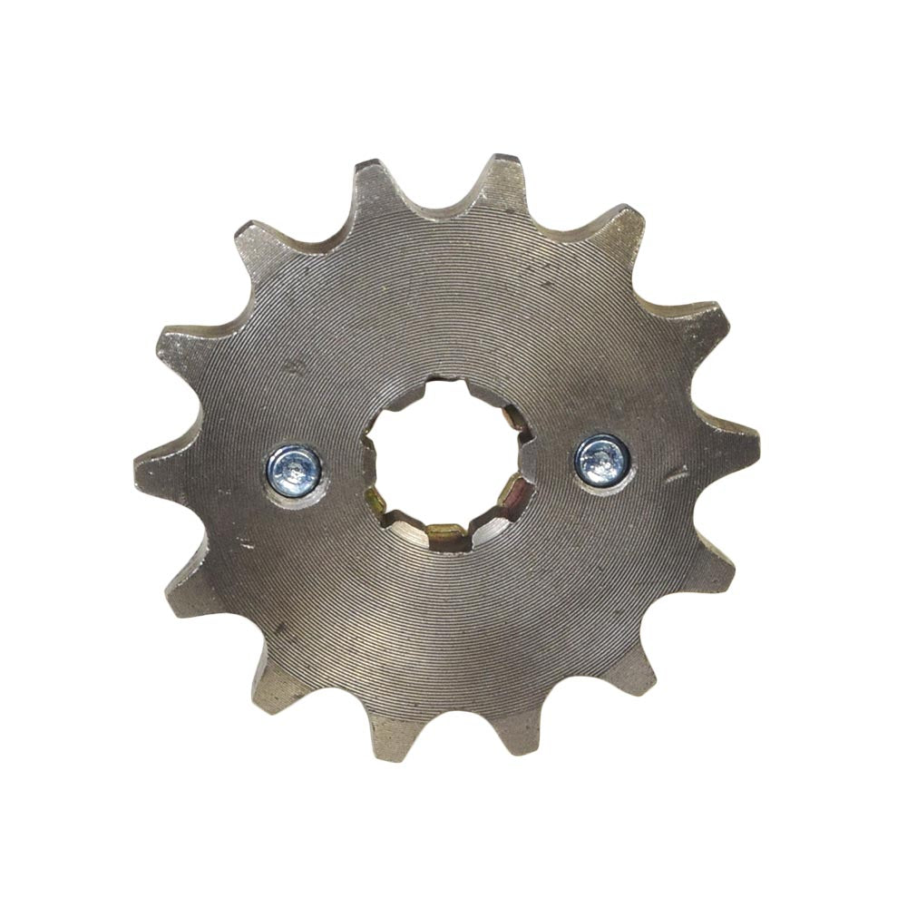 Close-up of the #420 Chain - 14 Tooth Front Sprocket for 50cc, 70cc, 90cc, 110cc, and 125cc Pit Dirt Bikes & ATVs with visible gear teeth and mounting holes on a metal surface.