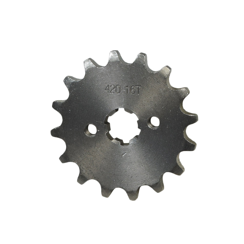 Close-up of the #420 Chain - 16 Tooth Front Sprocket for 50cc, 70cc, 90cc, 110cc, & 125cc Pit Dirt Bikes & ATVs with a 17 mm shaft, showing detailed gear teeth and mounting holes.