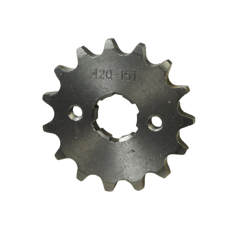 Close-up of the #420 Chain - 15 Tooth Front Sprocket for 50cc, 110cc, 125cc, & 140cc Pit Dirt Bikes & ATVs with a 20 mm shaft, showing its machined steel gears and threaded mounting holes.