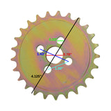 Close-up of the #420 Chain 25 Tooth Front Sprocket for Coleman KT196 & CK196 196cc 6.5 Hp Go-Karts, highlighting its machined steel gear teeth and center hole with four mounting holes.