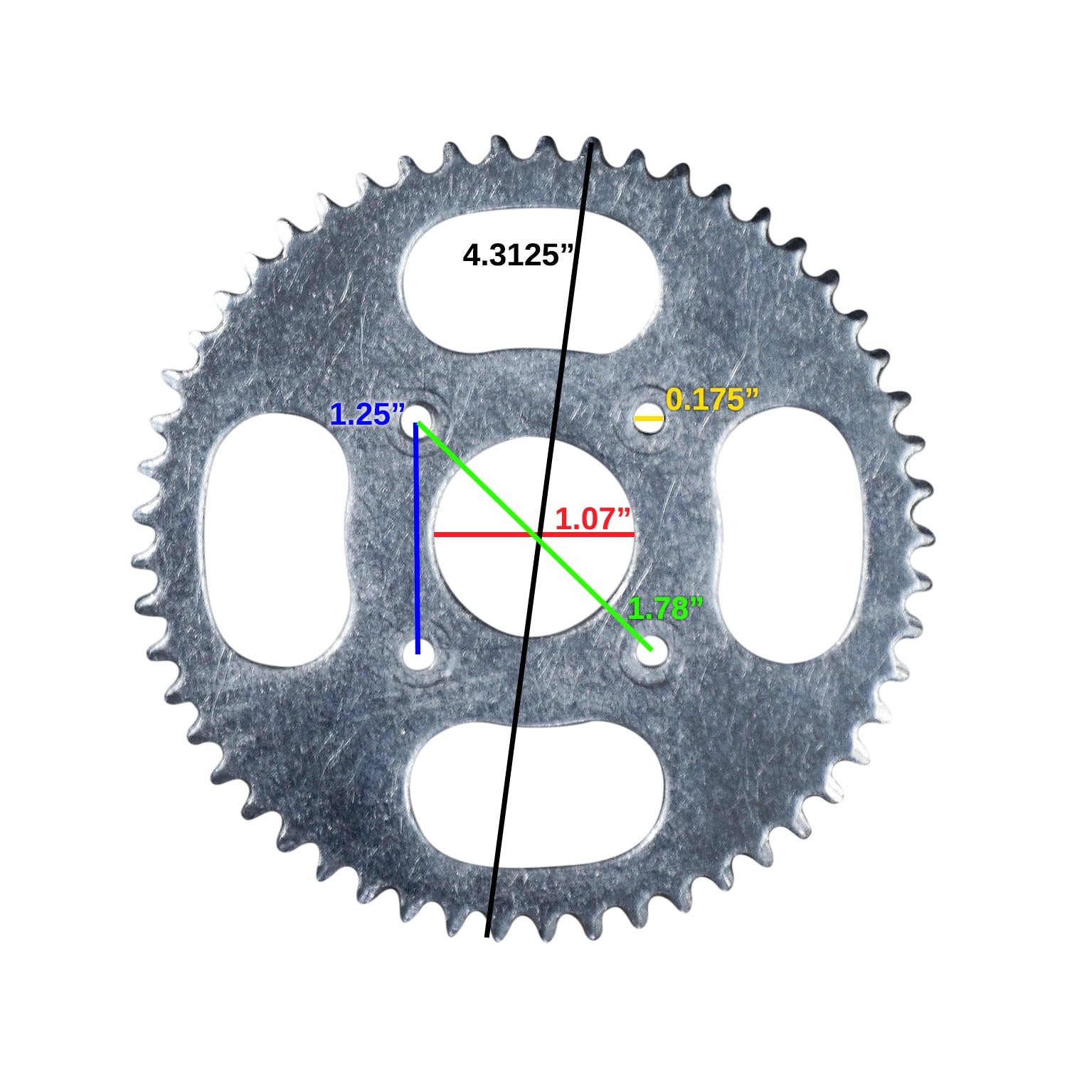 Close-up of a #25 Chain 53 Tooth Sprocket for the Rollplay Nighthawk, showcasing its gear teeth and central mounting holes.