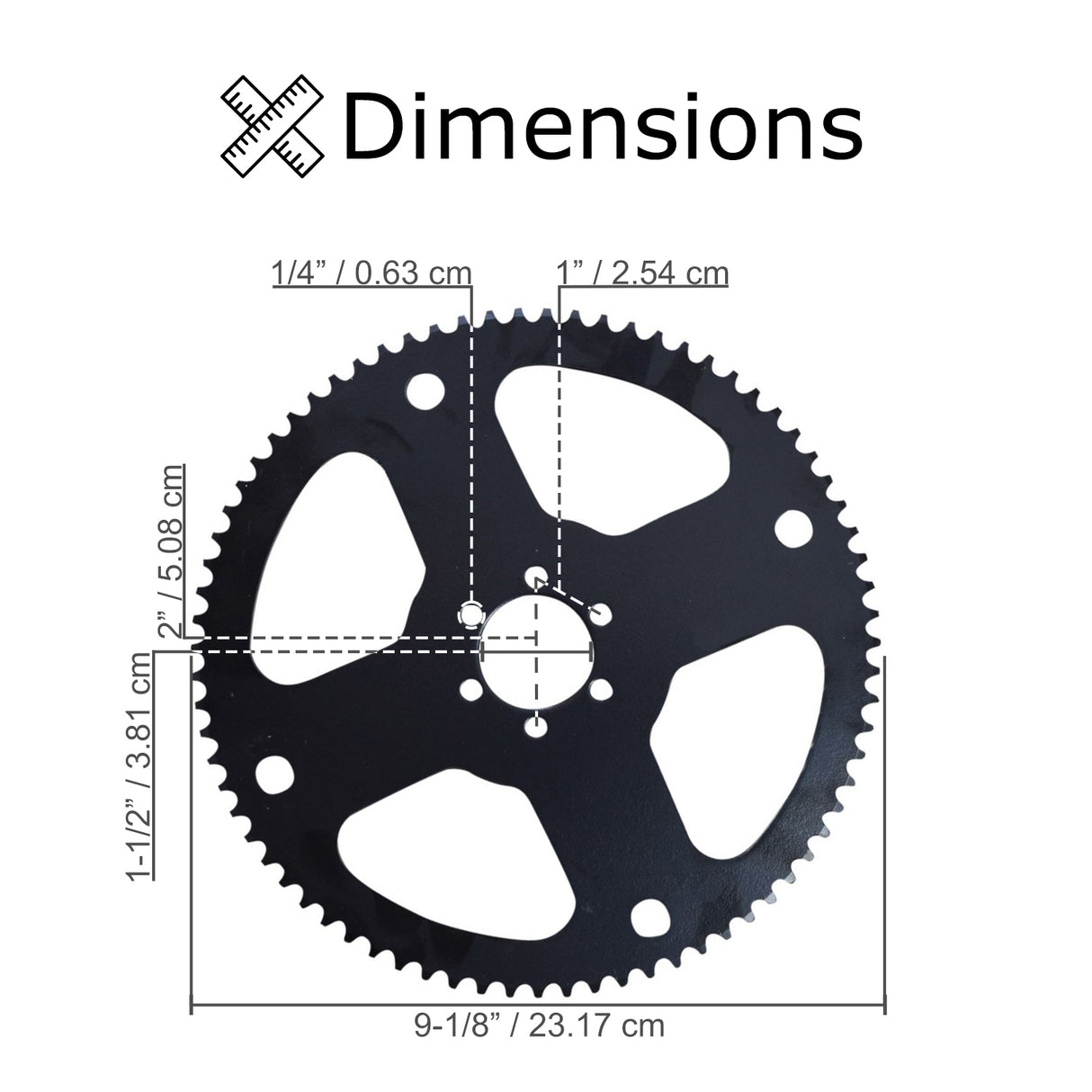 75 Tooth #35 Chain Rear Wheel Sprocket for the Realtree RT100 Mini Bike, featuring six inner mounting holes for easy installation, displayed with a diagram illustrating its dimensions and design.