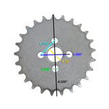 25 Tooth #420 Chain Front Sprocket for the Realtree RTK200 196cc Go-Kart, featuring a machined steel gear with a 1.46 center hole and four 5/16 mounting holes.