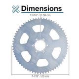 65T #35 Chain Sprocket with 1-1/2 Bore for Go-Karts, Mini Bikes, & ATVs. Close-up of a metal gear with precision-cut teeth and measurement markings.