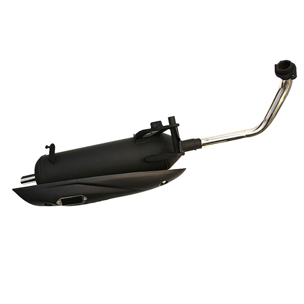 Exhaust Pipe for the Yamaha Vino 125 featuring a black muffler with a metal handle and a silver tube, designed for enhanced performance and a smooth black satin finish.