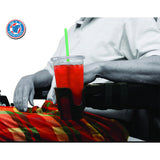 A person in a wheelchair holding the Nearly Universal Scooter Cup & Drink Holder with a red drink and straw, showcasing its adaptable design for various seated devices.