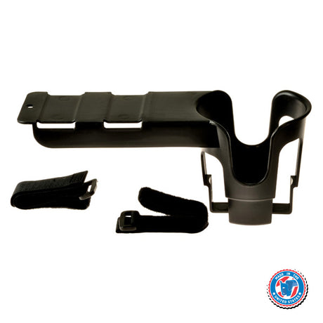 Nearly Universal Scooter Cup & Drink Holder, featuring a black plastic structure with Velcro straps, designed for secure attachment to various mobility devices, accommodating diverse drink sizes and mug handles.