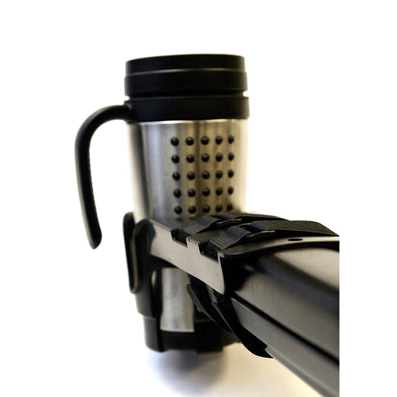 Close-up of the Nearly Universal Scooter Cup & Drink Holder, showcasing its cylindrical design with Velcro straps and foam pads for secure mounting on various scooter and wheelchair armrests.