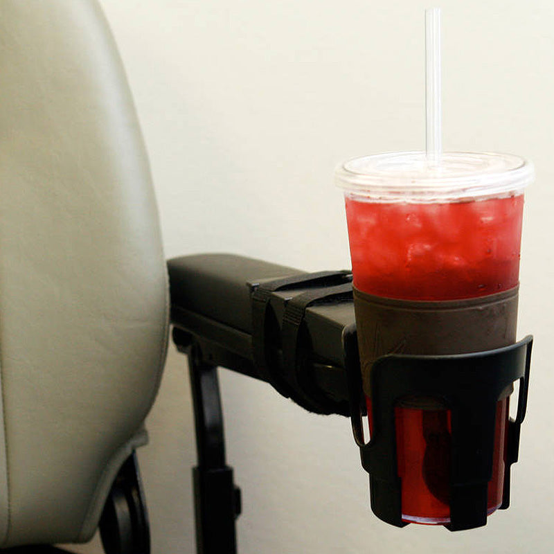 Nearly Universal Scooter Cup & Drink Holder shown with a red drink container and straw, mounted on a holder with Velcro straps, suitable for various mobility devices.