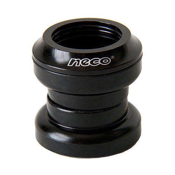 1-1/8 Neco Sealed Standard Headset for Kick Scooters, featuring a close-up of the black headset with visible white text, highlighting its sealed cartridge bearings and steel crown race.