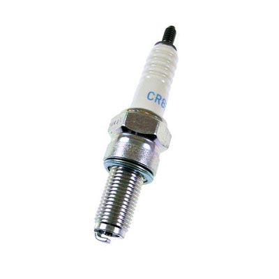 CR8E Spark Plug by NGK, shown in close-up, highlighting its detailed structure. Essential for scooters and motorcycles, it features a resistor type design to prevent Radio Frequency Interference. Sold without a terminal nut.