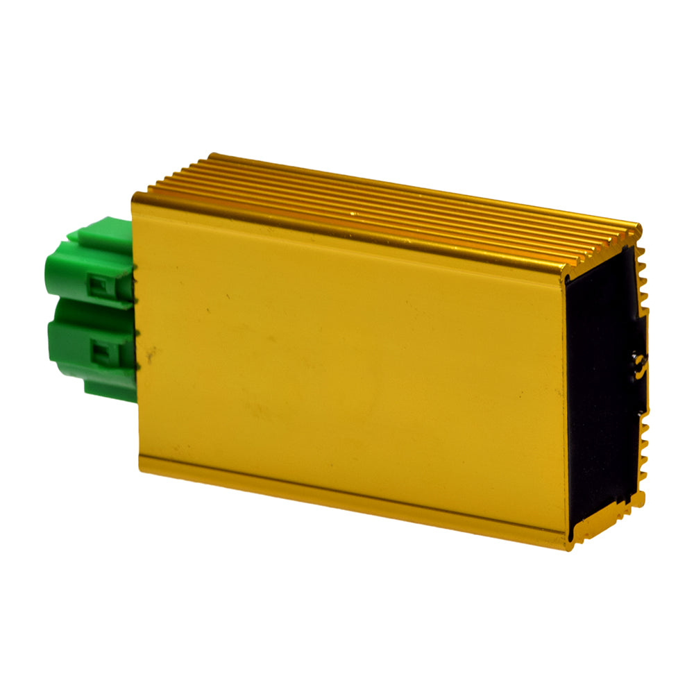 No-Rev Limit Performance CDI for 50cc 2-Stroke Engines, showcasing a gold rectangular device with a green plastic connector and a 2-pin/4-pin split plug, suited for DC systems.