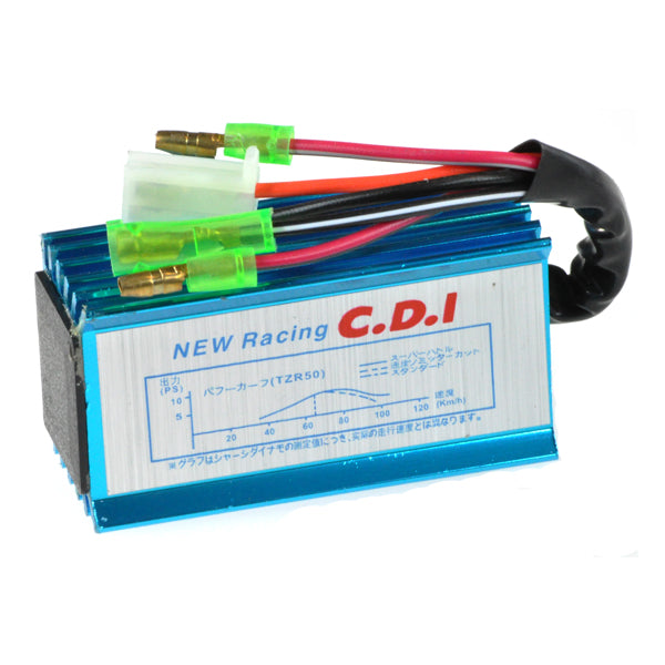 No-Rev Limit Performance AC CDI for 50cc Air-cooled Minarelli 1PE40QMB 2-stroke Engines, featuring a blue and white module with multiple visible wires and a 5-pin connector for easy installation.