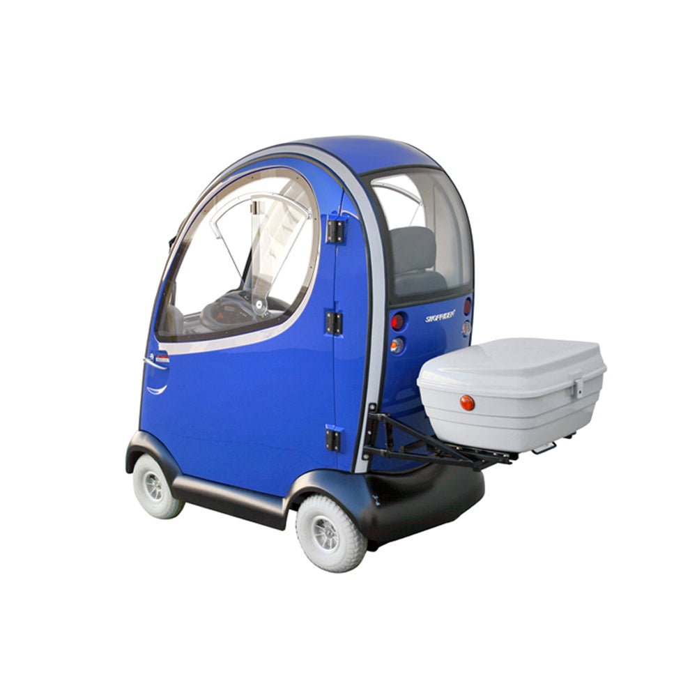 Lockable Basket with Cover and Sliding Base for the Shoprider Flagship (TE-889 XLSN), featuring a sturdy white box attached to a blue mobility scooter, designed for secure and spacious storage.