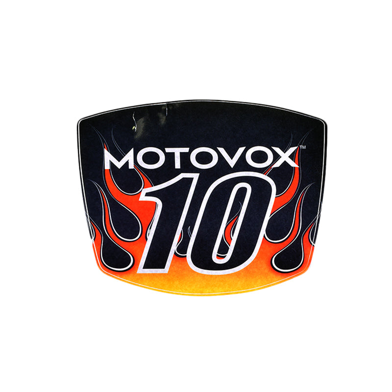 Number Plate Graphic for the Motovox MBX10 Mini Bike, featuring a black and orange label with white text and flame design, perfect for replacing worn-out decals on the front number plate.