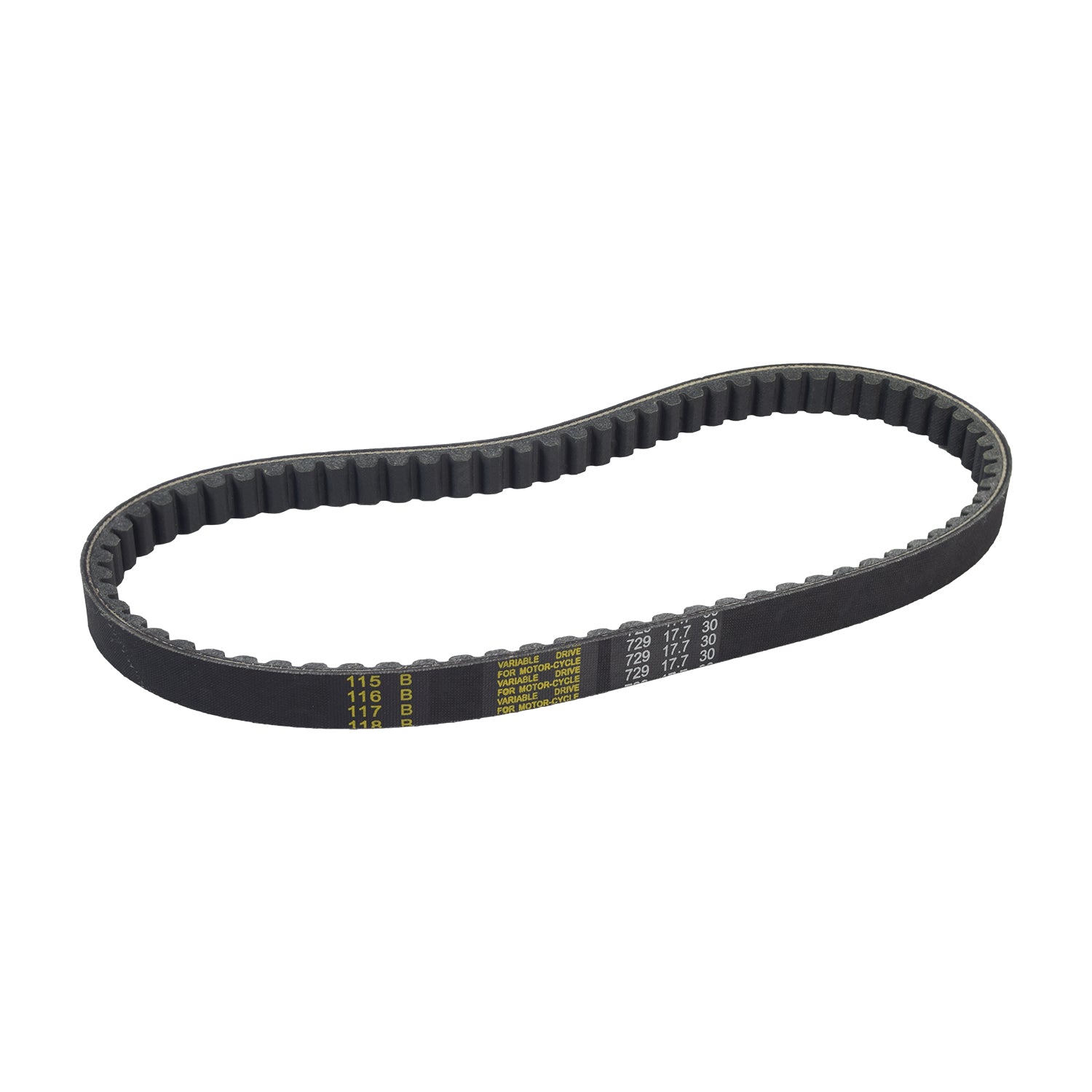 729-17.7-30 50cc Scooter CVT Belt with visible yellow text, designed for various 4-stroke, GY6 engine scooters, showcasing a close-up of the belt's texture and structure.