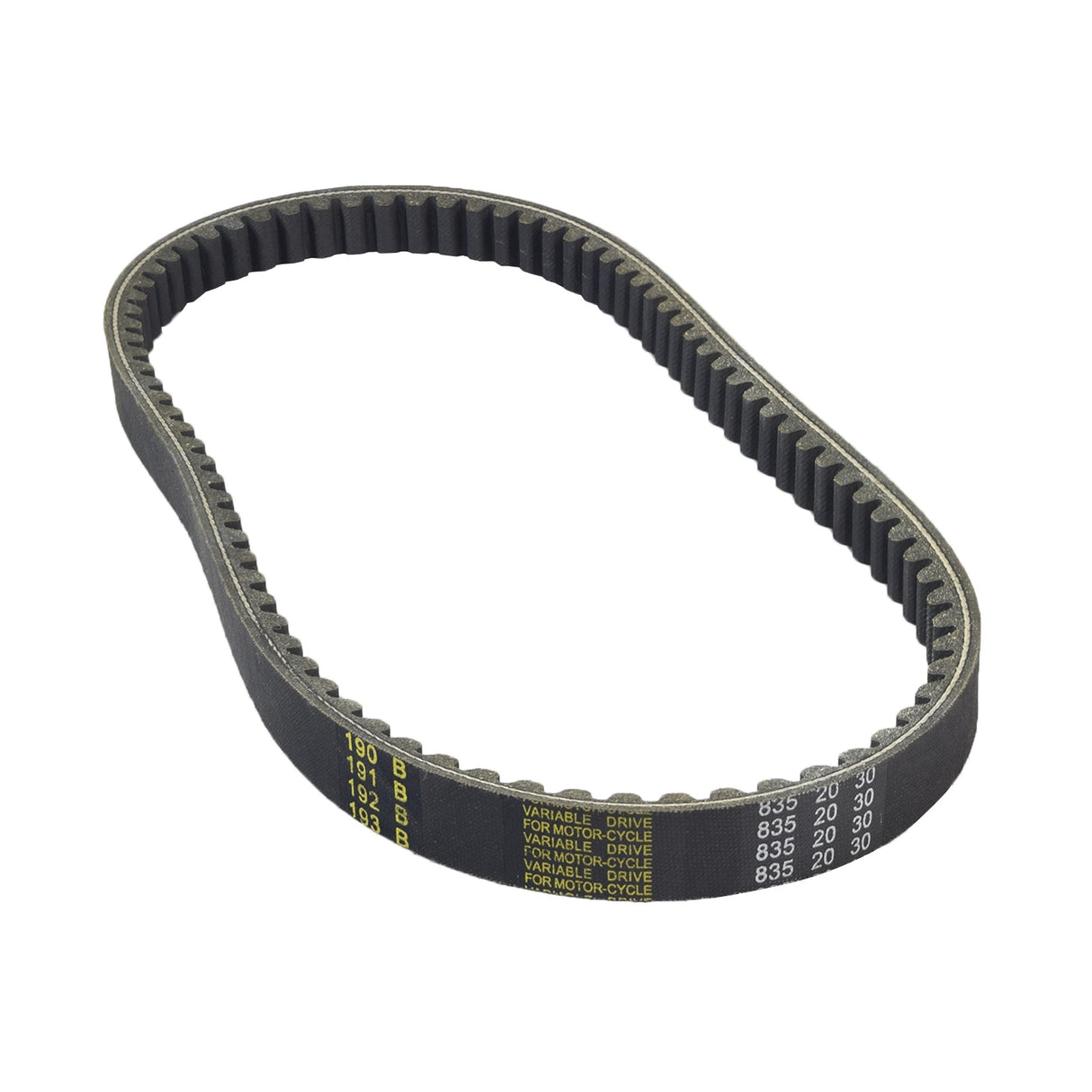 835-20-30 125-150cc CVT Belt for the TaoTao Paladin 150 Scooter, featuring visible yellow markings, designed for 125cc-150cc 4-stroke GY6 engine scooters.