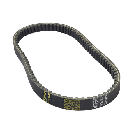 835-20-30 125-150cc CVT Belt for TaoTao CY150-B Scooter, displaying black material with yellow markings, designed for 125cc-150cc 4-stroke GY6 engine scooters.