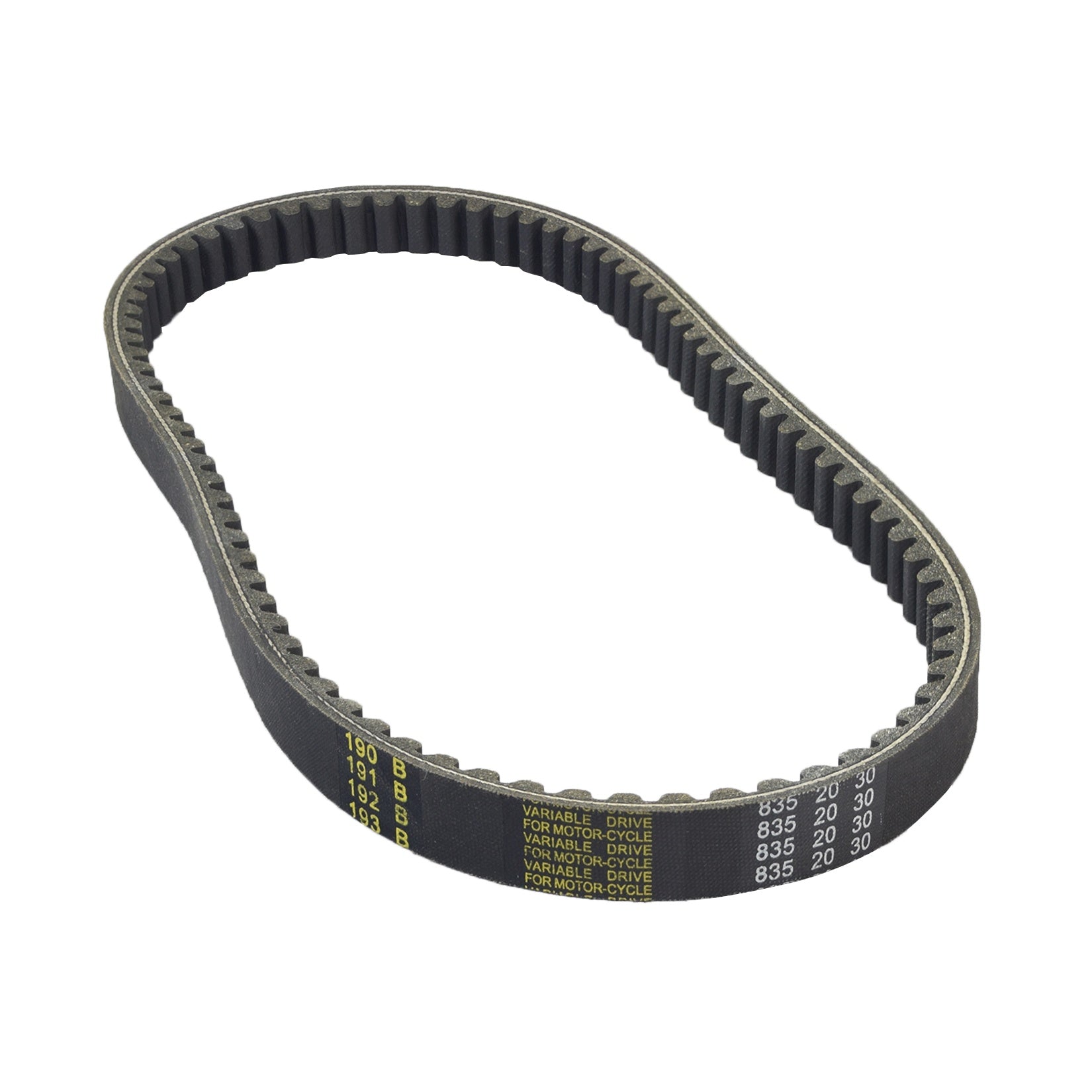 835-20-30 CVT belt for 125-150cc scooters, featuring visible yellow writing on a black surface, suitable for TaoTao EVO 150. Ensure compatibility with your original belt before purchasing.