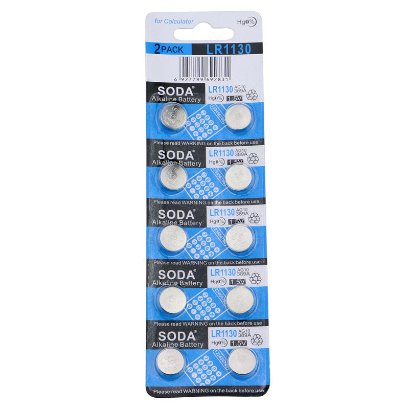 Pack of 10 LR1130 (AG10/389A) Alkaline Button Cell Batteries for Firefly Bicycle Lights in a clear plastic package.