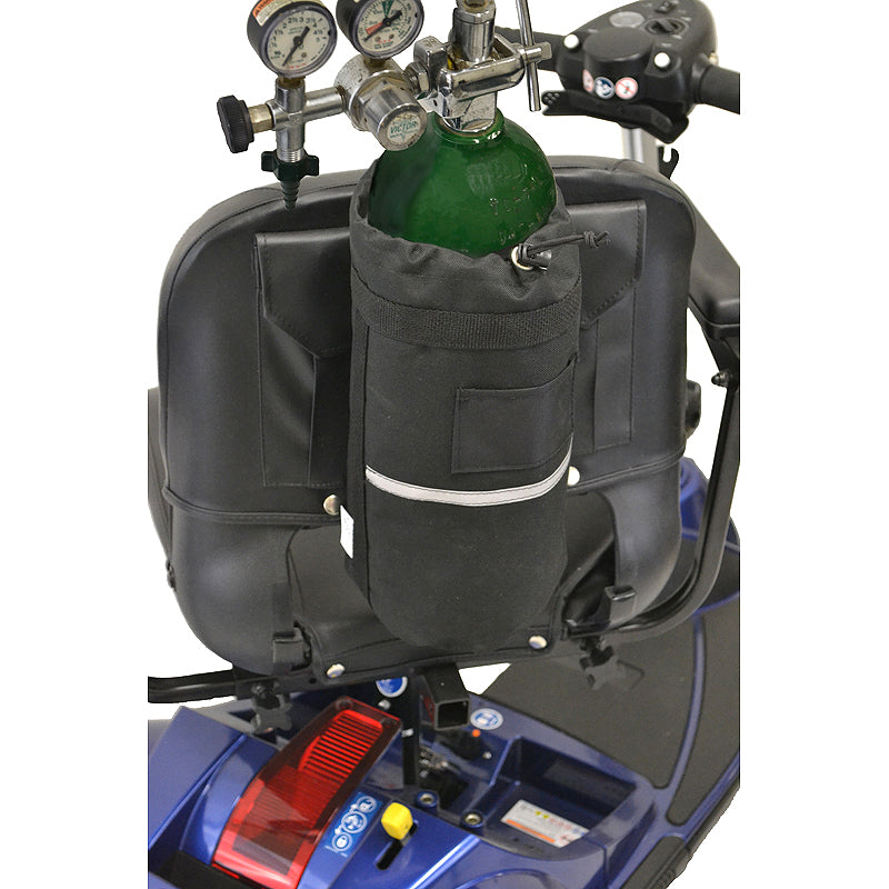 Oxygen Tank Holder for Scooters & Power Chairs shown attached to a scooter's seatback, featuring a black bag designed to securely hold an oxygen tank using sturdy hook and loop straps.