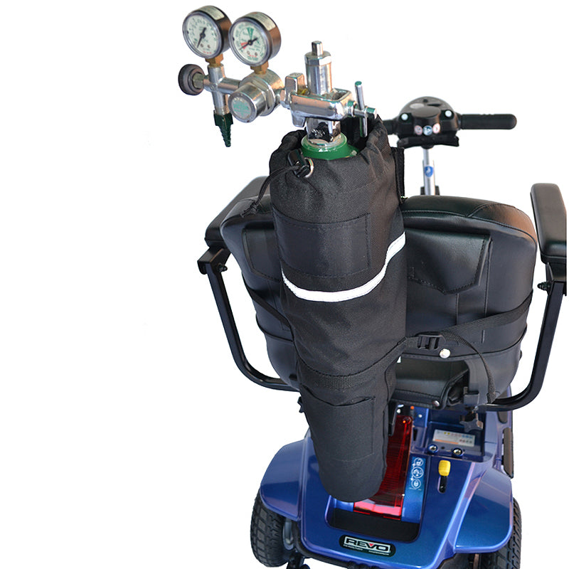 Oxygen Tank Holder for Scooters & Power Chairs: A blue scooter with a black oxygen tank holder securely attached to the seatback, showcasing a practical and safe transport solution for medical oxygen cylinders.