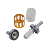 Universal In-Line Chrome Fuel Filter displayed among various metal parts, featuring a cylindrical design with perforations, suitable for scooters, ATVs, dirt bikes, motorcycles, go-karts, and dune buggies.