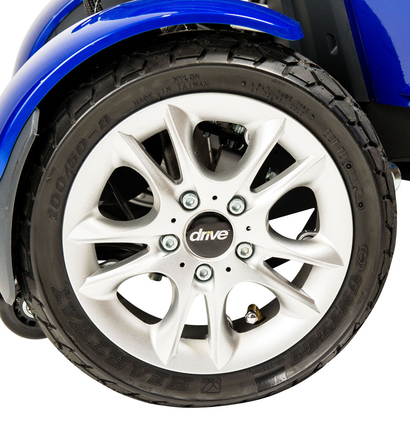 Close-up of the 11x4 Pneumatic Rear Wheel Assembly for the Drive Medical Odyssey GT, featuring a robust black low-profile tire on a sporty Blade style alloy rim.