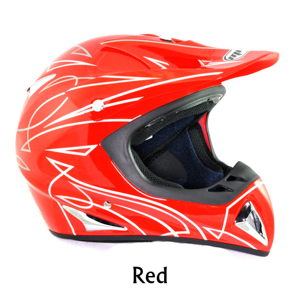 Large Red Off Road Helmet: A striking red motorcycle helmet with white lines, designed for off-road adventures, offering superior head protection and compliance with Department of Transportation safety regulations.