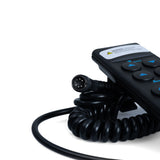 6-Button Hand Control Pendant for the Invacare 5410IVC Full Electric Homecare Bed, featuring a black remote with blue buttons and a coiled cord, suitable for head, feet, and elevation functions.