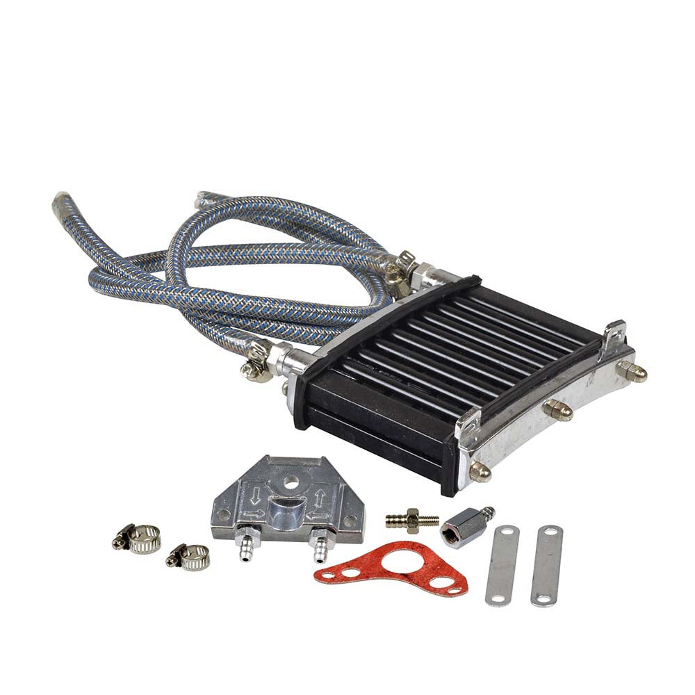 Oil Cooler Kit for 4-Stroke ATV, Dirt Bike, & Scooter Engines, featuring a black and silver metal device with blue hoses, metal parts, and a close-up of fittings and brackets.