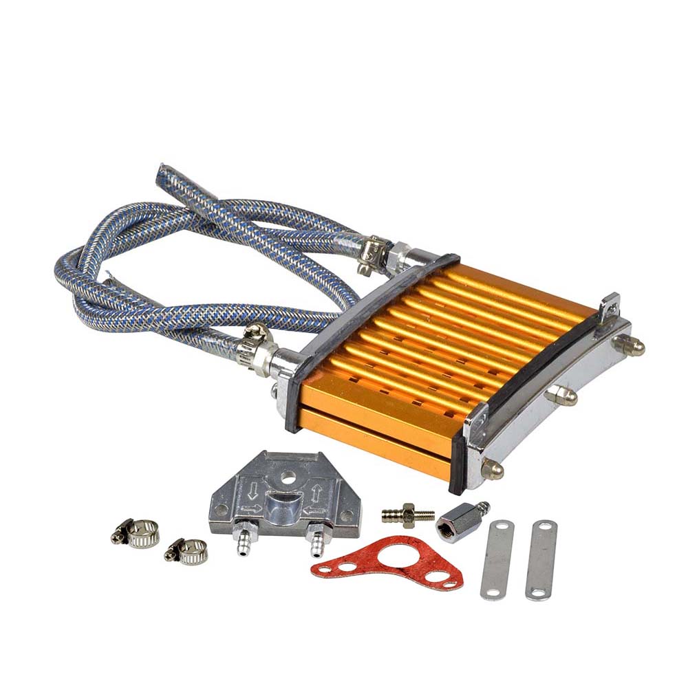 Oil Cooler Kit for 4-Stroke ATV, Dirt Bike, & Scooter Engines, featuring a metal and blue tube with fittings and clamps for reducing oil temperature.