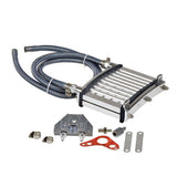 Oil Cooler Kit for 4-Stroke ATV, Dirt Bike, & Scooter Engines; includes metal housing, blue rope, hoses, clamps, dual by-pass valve, and nozzles for efficient oil temperature regulation.