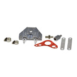 Oil Cooler Kit for 4-Stroke ATV, Dirt Bike, & Scooter Engines, showing metal parts with screws, bolts, and a dual bypass valve. Includes hoses, clamps, fittings, and brackets for optimal engine performance.