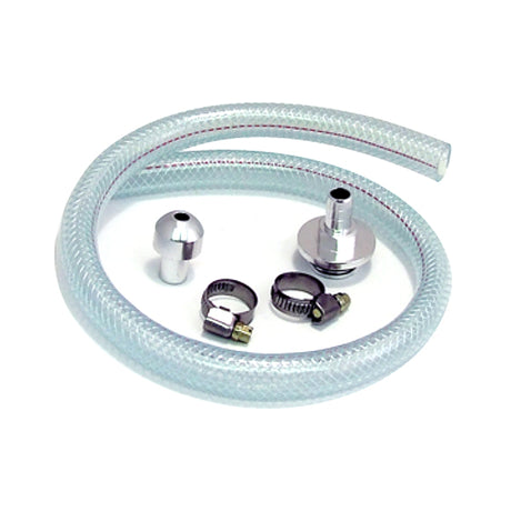 Oil Decompression Tube for 125cc Yamaha Scooters featuring flexible braided nylon tubing with billet aluminum parts and a metal hose clamp, designed to release excess crankcase pressure.