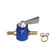 Oil Line Shut-Off Switch for Scooters, featuring a close-up of a blue and gold connector and valve, designed by NCY. Includes clips for easy installation.