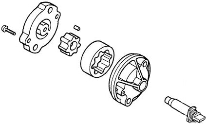 Oil Pump Assembly for Honda Elite 250 (1985-1988 Models) and Helix CN250 (All Models) (OEM), illustrated with detailed black and white mechanical drawings, including a syringe-like part and a circular component.