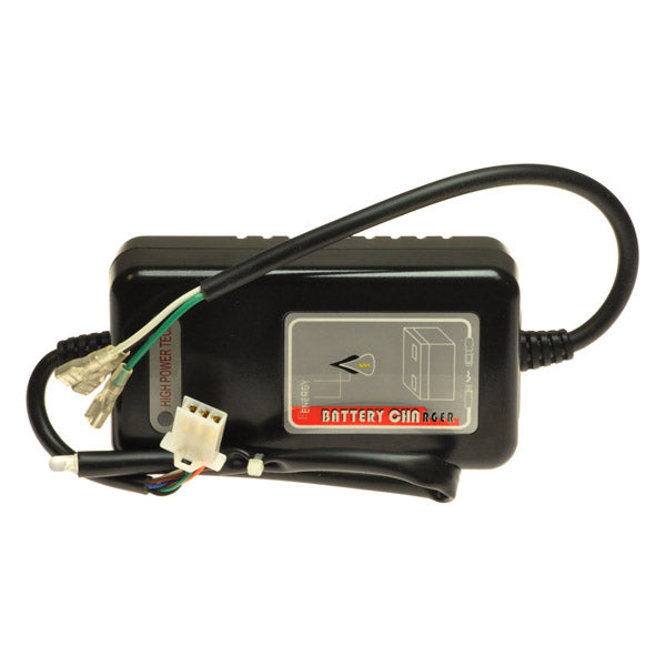 On-Board Battery Charger for the Golden Technologies Buzzaround with the Hard Battery Pack, featuring a compact design and visible wires, ideal for second-generation Buzzaround scooters without the battery bag.