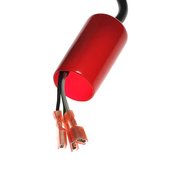 24 Volt 3 Amp On-Board 2408S-C Battery Charger for 2000 and Earlier Models of the PaceSaver Eclipse Mobility Scooter (Soneil) featuring a red cylindrical body with attached black wires.