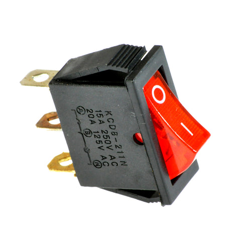 Red On/Off Switch for the MotoTec MT-MR Mini Racer V2, featuring a red light indicator and three 1/4 terminal connections on the backside housing. Suitable for various electric ride-on toys and scooters.