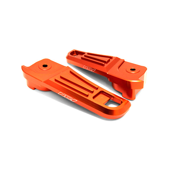 Orange Aluminum Footrests for the Honda PCX, close-up view showing high-quality metal construction and NCY branding.