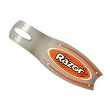 Close-up of the Silver Deck with Orange Decals for the Razor E90, showcasing a razor blade design with mounting screws included.