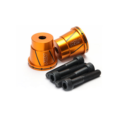 Orange Frame Sliders for Scooters and Motorcycles, featuring several black screws and metal objects for mounting, provide protection and style for your bike.