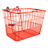 Lift-Off Wire Basket with Mesh Bottom, shown as a red shopping cart with black handles, ideal for bikes and scooters, offering practical storage solutions for various vehicles.