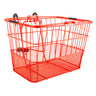 Lift-Off Wire Basket with Mesh Bottom, shown as a red shopping cart with black handles, ideal for bikes and scooters, offering practical storage solutions for various vehicles.