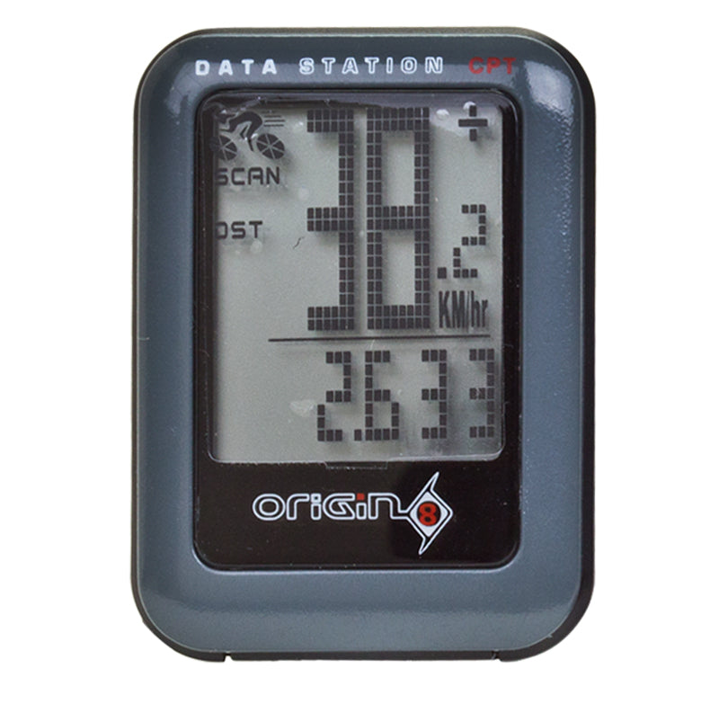 Close-up of the Origin8 Compact Data Station 16W Wireless Bike Computer, showcasing its slim design and detailed electronic display for speed, distance, and other cycling metrics.