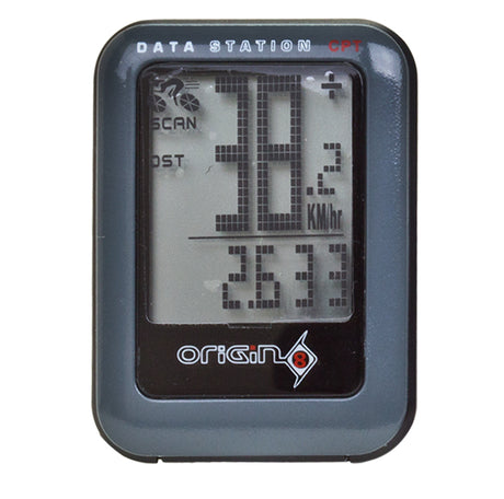 Close-up of the Origin8 Compact Data Station 16W Wireless Bike Computer, showcasing its slim design and detailed electronic display for speed, distance, and other cycling metrics.